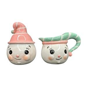 Johanna Parker Green Pink Holiday Christmas Snowman Sugar and Creamer Set